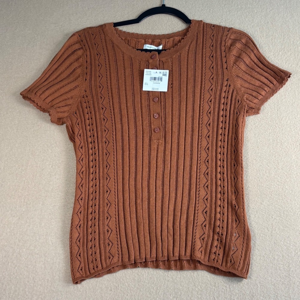 American Eagle Rust Brown Pointelle Knit Henley Short Sleeve Top NWT L